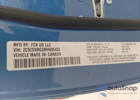 2021 Dodge Charger Sxt Rwd z USA, uszkodzony, nr VIN 2C3CDXBG3MH605432